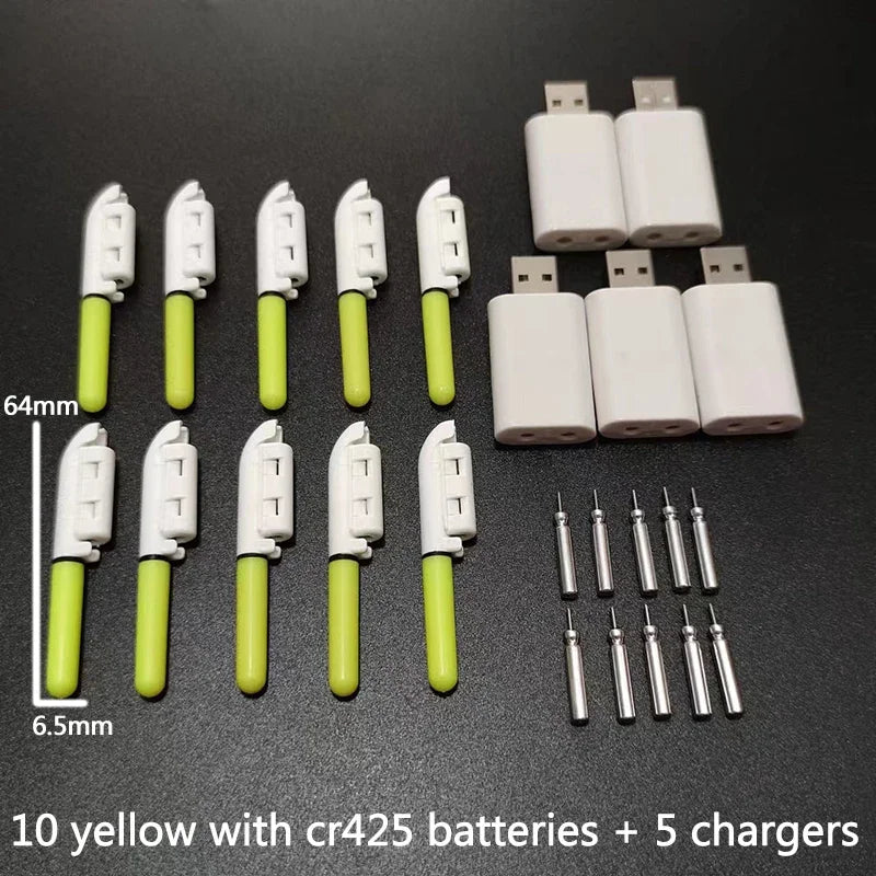 10 pcs/lot Electronic Light Stick With 10 Rechargeable Battery CR322 / CR425 Clip on Fishing Rod Glowing Lamp Night Fishing D001