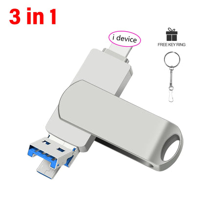 Rotate USB 3.0 Flash Drive 8GB 16GB with 3-in-1 Type-C to Lightning Interface 32GB Pendrive for iPad 11/12/13/14