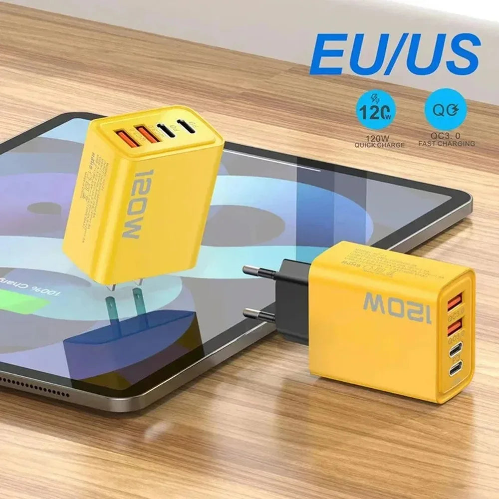 USB C Charger Total 120W 4-Port Fast Charger Mobile Phone USB Type C Charging Adapter EU/US/UK Plug For iPhone 17 Xiaomi Huawei