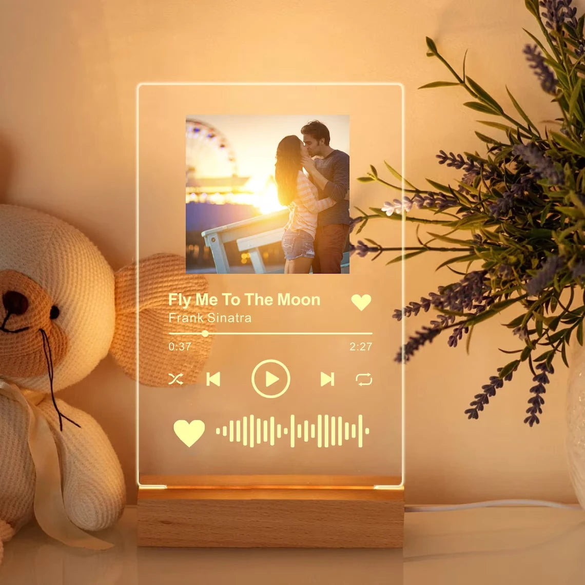 Personalized Anniversary Couples Mother's Day Gifts for Women Men 7 Colors Heart Picture Frame Acrylic Plaque with Night Light