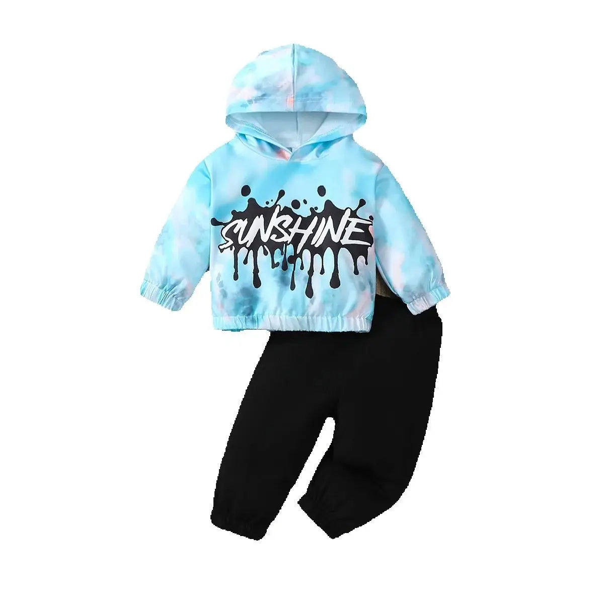 2-piece set of fashionable casual letter printed tie dye hooded long sleeved top and pants for baby boys, autumn and winter