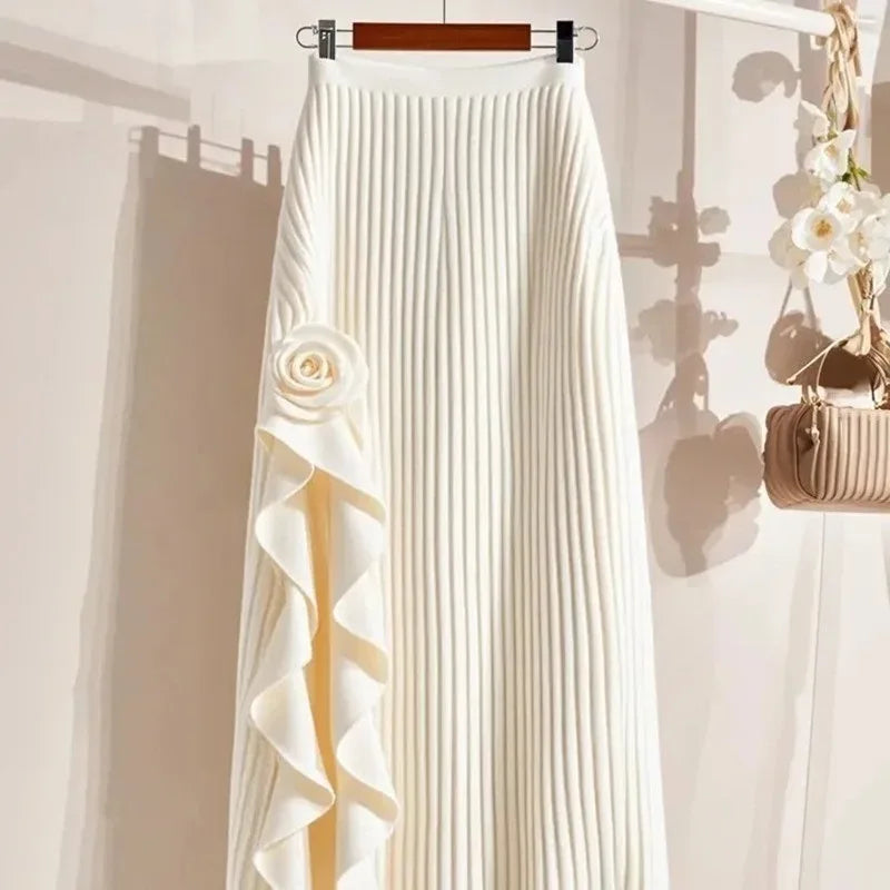 Spring Autumn Winter Elegant Irregular Pleated Skirt for Women Elastic A-line High Waist Midi Skirt White Black Flower Skirts