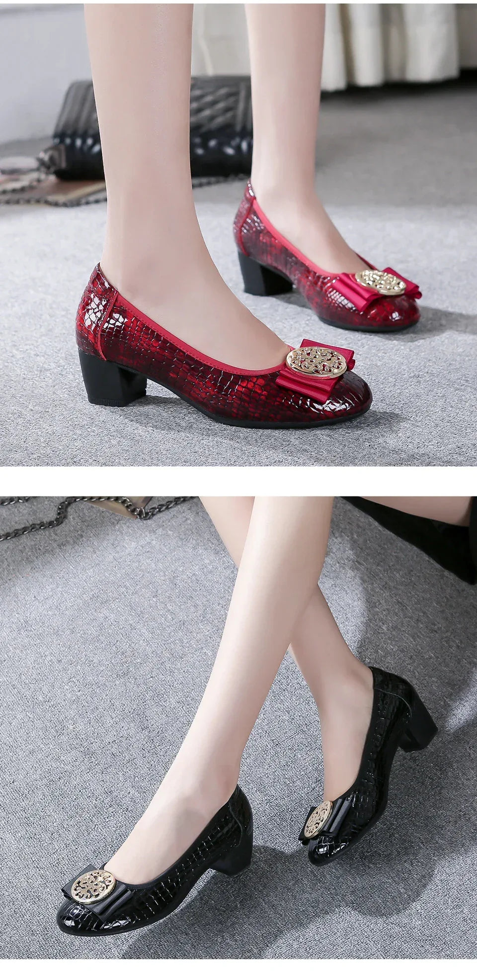 Spring and Autumn Boat Shoes Genuine Leather Soft Sole Mid-Heel Shoes Bow Heels Ladies Women Womens Round Toe Slip-on Women's 42
