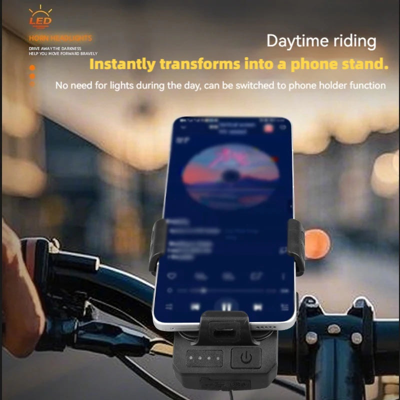 Bicycle Front Light with Horn & Phone Holder Cycling Bicycle Headlight Multifunctional Phone Holder Lamp Cycling Accessories