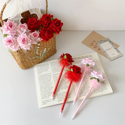10pcs/set Simulated Rose Shaped Ballpoint Pen Valentine's Day Desktop Decoration Supplies Student Writing Supplies Set