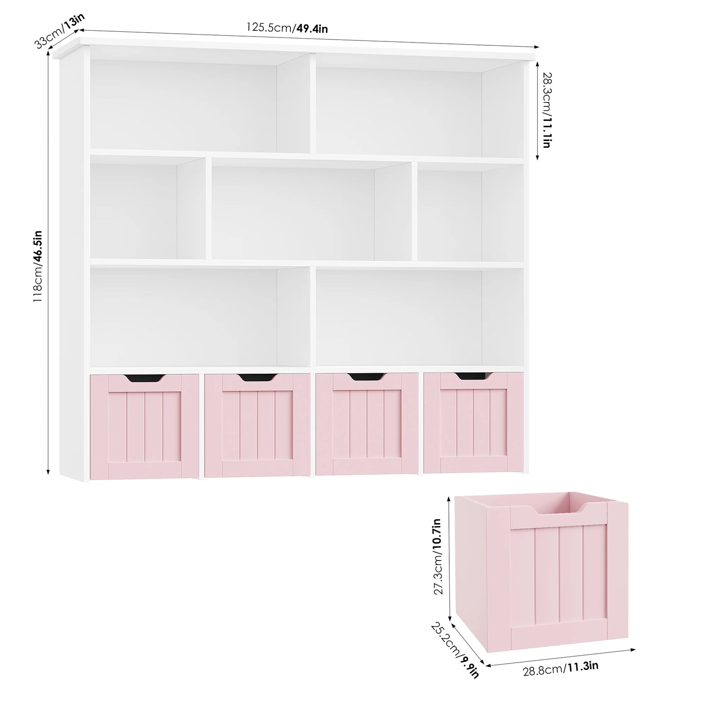 Getone Kids Toy Storage Unit Childrens Bookcase with 4 roller drawers 8 shelves Toy Organiser Kids Bookshelf for Nursery Playroom 125.5x33x118cm White/ Pink