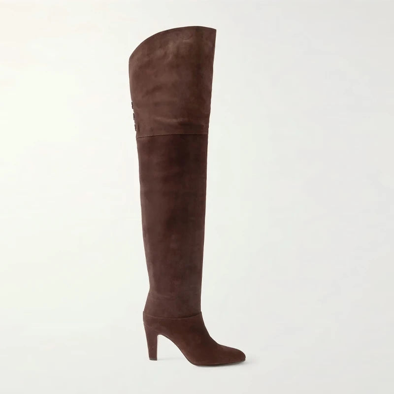 Autumn and Winter Women's Thick High-heeled Knee High Boots, Round Headed Cowhide Suede Fashionable Women's Plus Size Boots