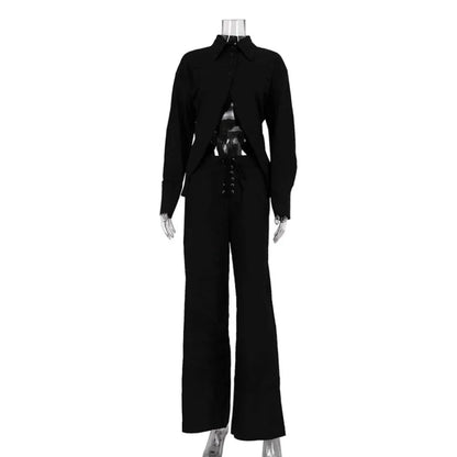 INS Loose Tracksuit Elegant Women Trousres Set Y2K Outfits Long Sleeve Irregular Blouse Top Lace Up Wide Leg Pants Two Piece Set