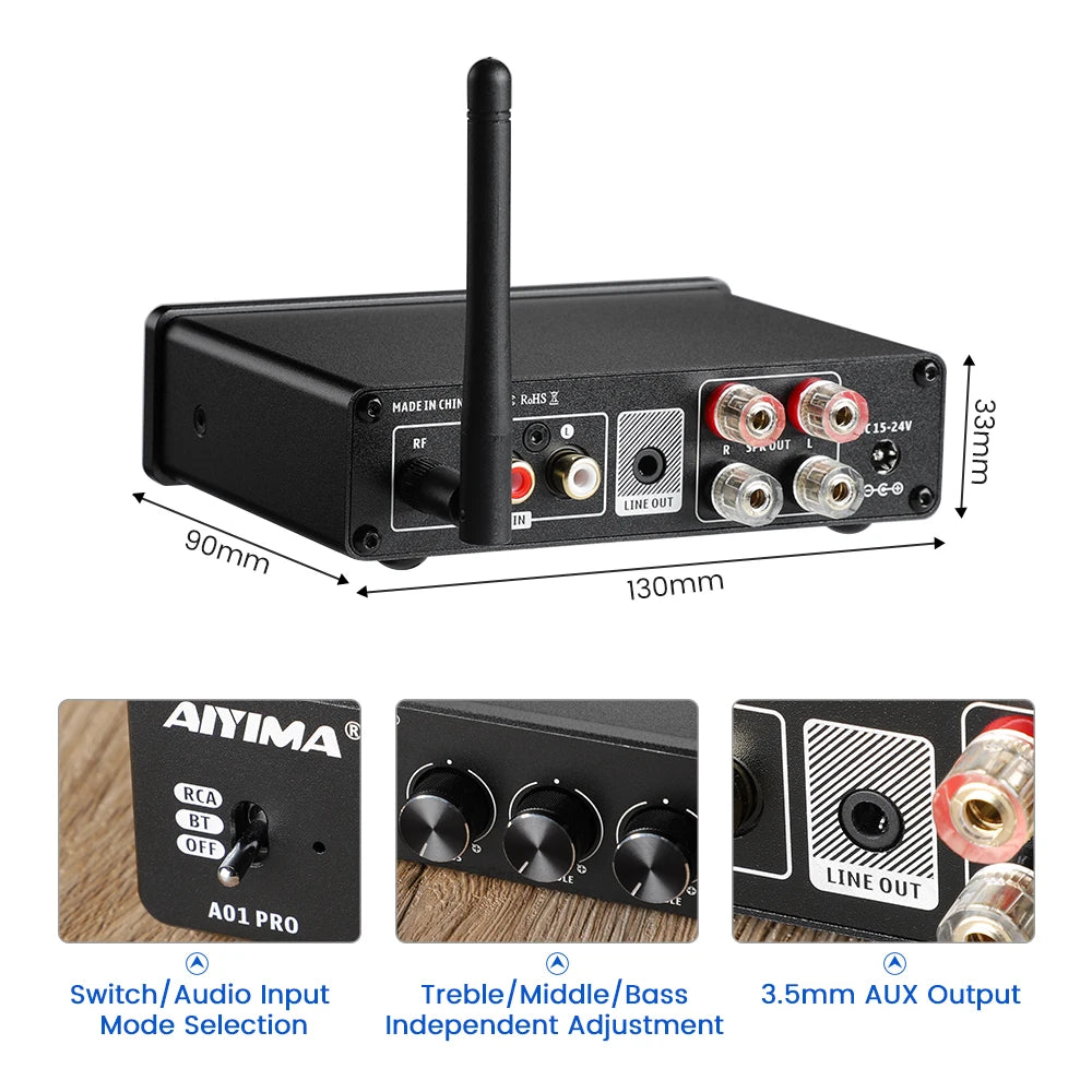 AIYIMA Audio A01 Pro TPA3116D2 Bluetooth Sound Power Amplifier 100W Mini Hifi Class D Stereo Amp Bass Treble for Home Theater