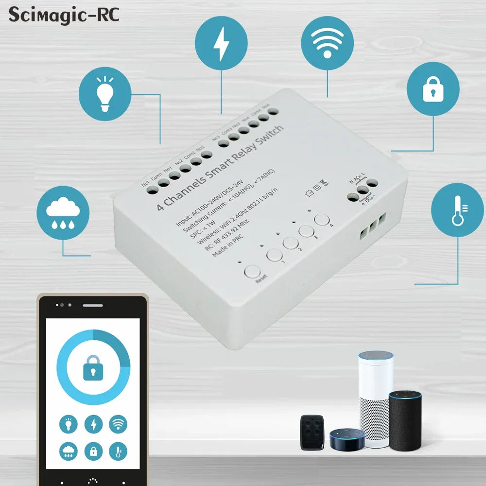 【4 Channel Smart Relay】Tuya WiFi+RF433 DIY Module AC 100-240V/DC 5-24V Alexa Remote Timer Switch for LED Light Home Automation