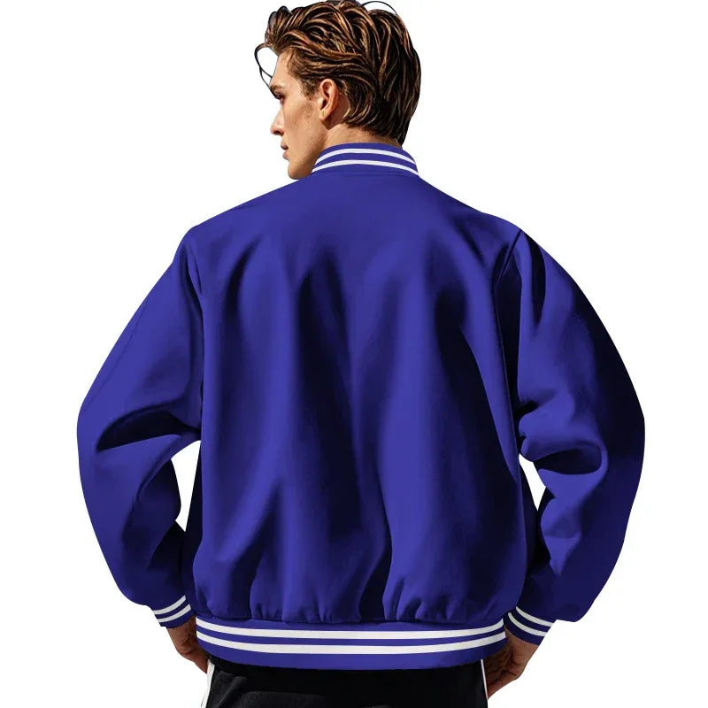 Men's Baseball Jacket with Stand-up Collar Button, Flight Jacket Monochromatic Loose, Casual, American Sports, Autumn and Winter