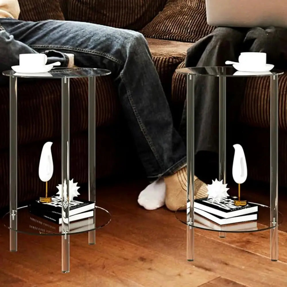 Table d'appoint ronde moderne en acrylique, idéale pour les petits espaces. Petite table d'appoint ronde transparente pour la décoration du salon et de la chambre.