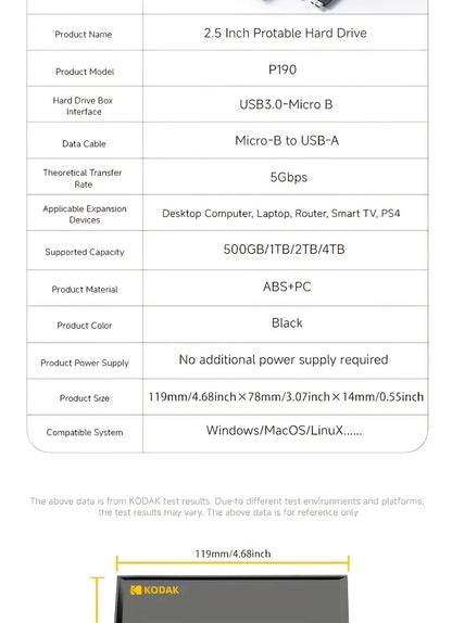 KODAK P190 Portable External Hard Drive 500GB 1TB USB 3.0 HDD Mechanical Mobile Disk for PC Laptop Gaming Storage