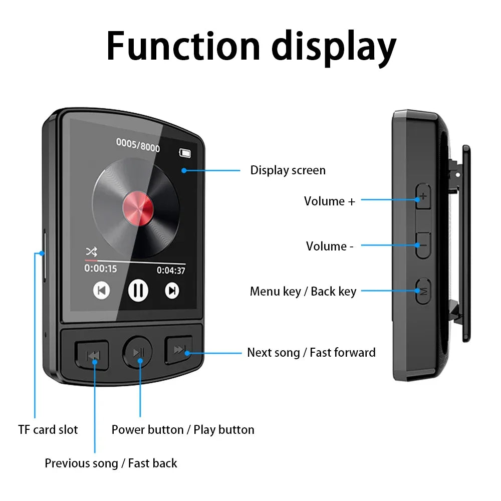 MP3 Player Bluetooth 5.2 1.77 inch Screen Music Player with Speakers Lossless Sound Quality with Recording E-Book Video Playing