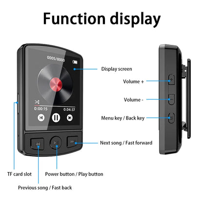 MP3 Player Bluetooth 5.2 1.77 inch Screen Music Player with Speakers Lossless Sound Quality with Recording E-Book Video Playing