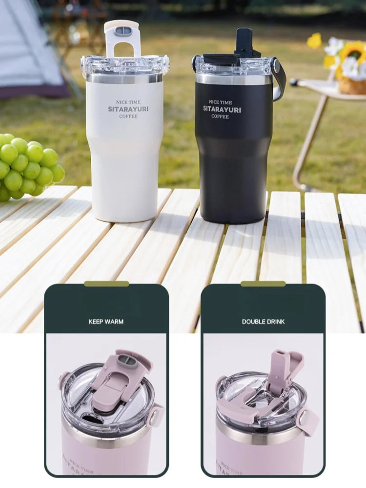 JUSTINLAU 600/900ml Insulated Cups Stainless Steel Double-drinking Thermos Cup with Handle& Straw Sports Bottle Car Ice Tumbler