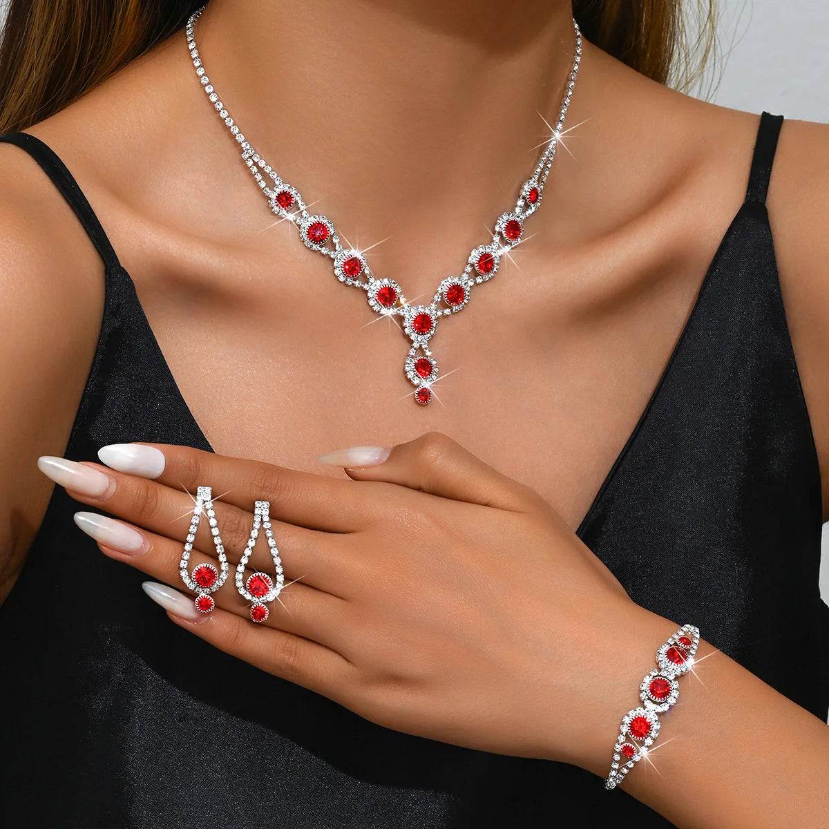 4PCS Fashion Elegant Crystal Jewelry Sets for Women Rhinestones Necklace Ring Earrings Bridal Wedding Party Jewelry Sets