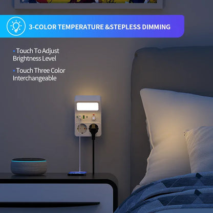 Wall Socket Power Strip with 2 AC Outlets 2 USB Ports 2 Type-C EU Plug Charger Electrical Switch For Home Power Socket