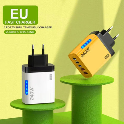 240W GaN Fast Charger 3 USB-C 2 USB-A Ports PD QC3.0 for iPhone 17 16 Galaxy S25 S24 Xiaomi 16 15 Huawei Mate 70 60 Oppo Vivo