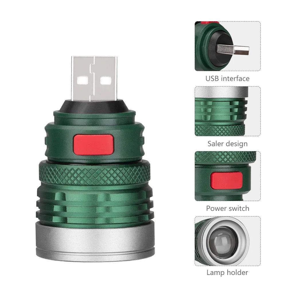 Lampe torche USB mini en alliage d'aluminium, lumière LED puissante, éclairage d'appoint pour le camping, la pêche et la randonnée.