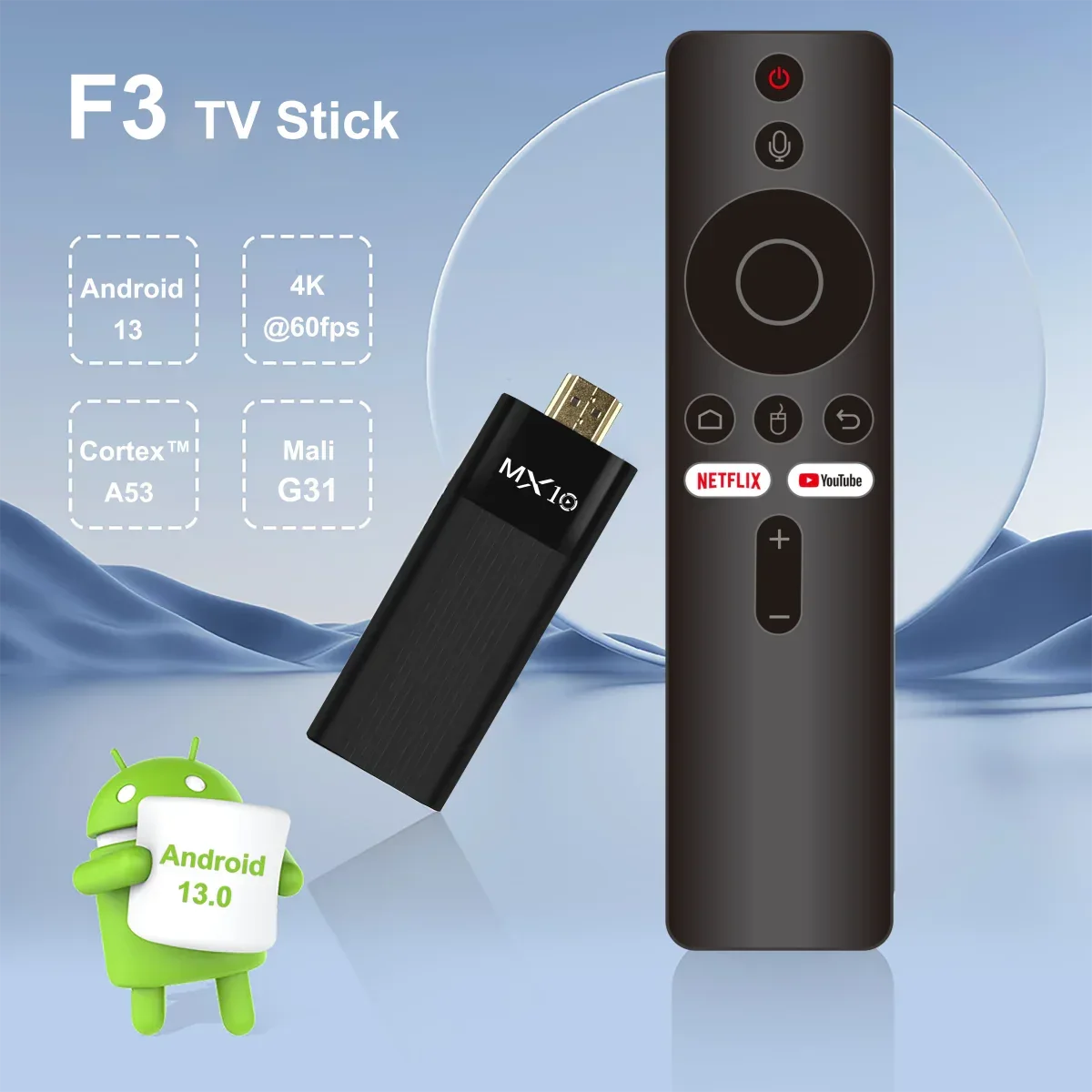 MX10-F3 Android TV Stick Ultra HD 4K H313 Quad Core 2.4G/5G Dual WiFi Portable Mini Home TVStreaming Media Player Stick for Home