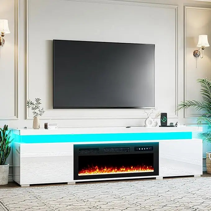 85’’ Fireplace TV Stand for 90 Inch TVs, Modern Entertainment Centers with LED Lights, High Gloss TV Console with 40’’ Electric