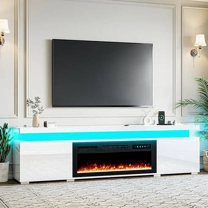 85’’ Fireplace TV Stand for 90 Inch TVs, Modern Entertainment Centers with LED Lights, High Gloss TV Console with 40’’ Electric
