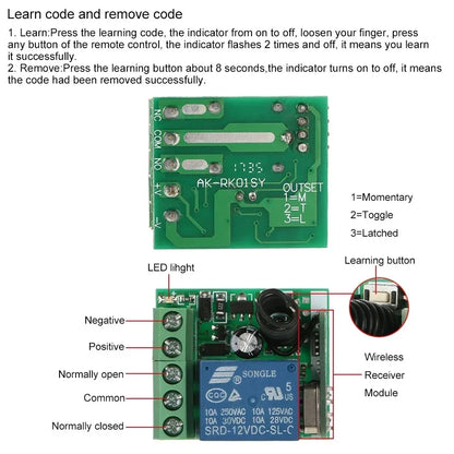 433MHz Wireless DC 12V Remote Control Switch 1CH RF 10A Relay Receiver and 2CH Transmitter For Door Electromagnetic Lock DIY