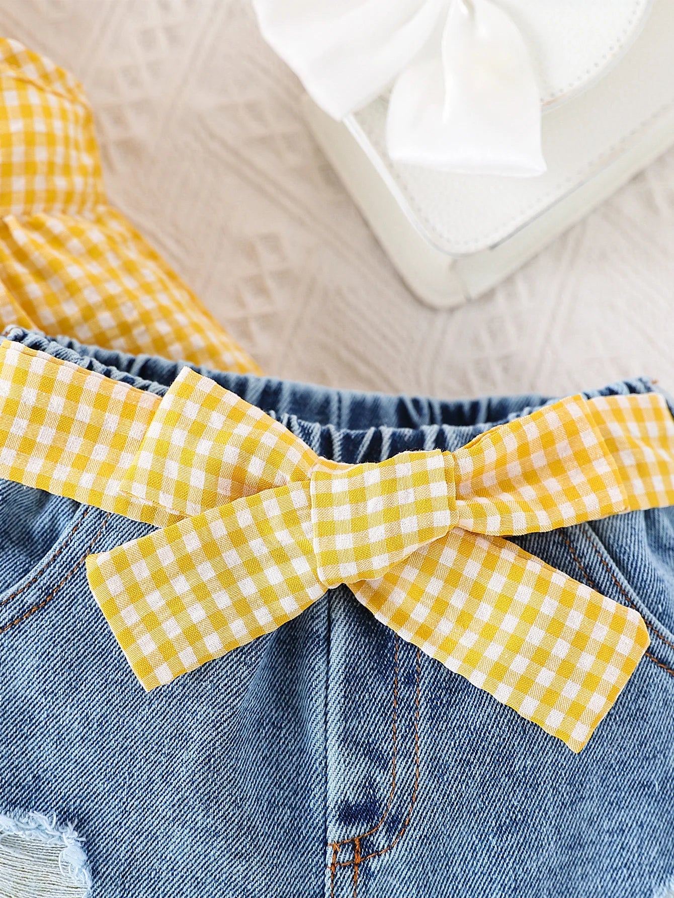 Summer Baby Girls Clothing Set & Denim Shorts Set 2-6Y | Yellow Plaid Ruffled Cami, Distressed Denim with Bow | Soft Breathable