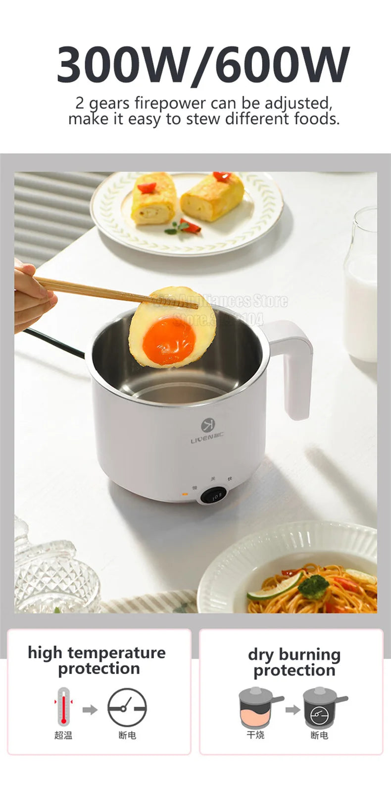 Liven Electric Multi Cooker 1.8L with 304 Stainless Steel Steamer Multifunctional Cooking Rice Porridge Noodle Mini Hot Pot 600W