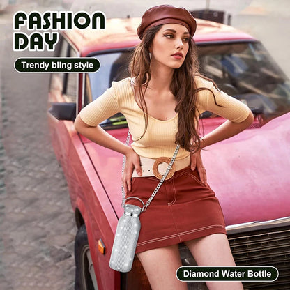 350/500/750/1000ml Luxury Rhinestone Thermos Bottle 2pcs Chain Portable Water Bottle Double Wall Stainless Steel Thermal Flask
