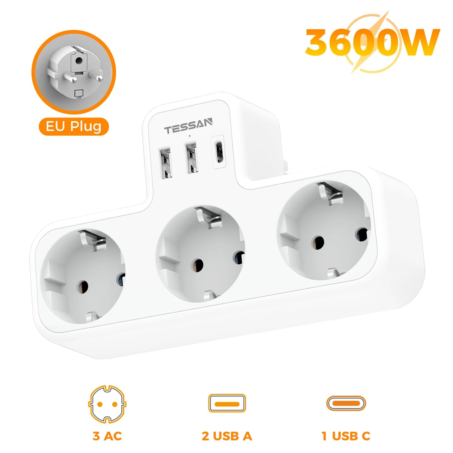 Tessan Multiple EU Standard USB Socket Wall Socket 6 in 1 Plug Socket with 3 AC Outlets with USB Charging Ports for Home Office