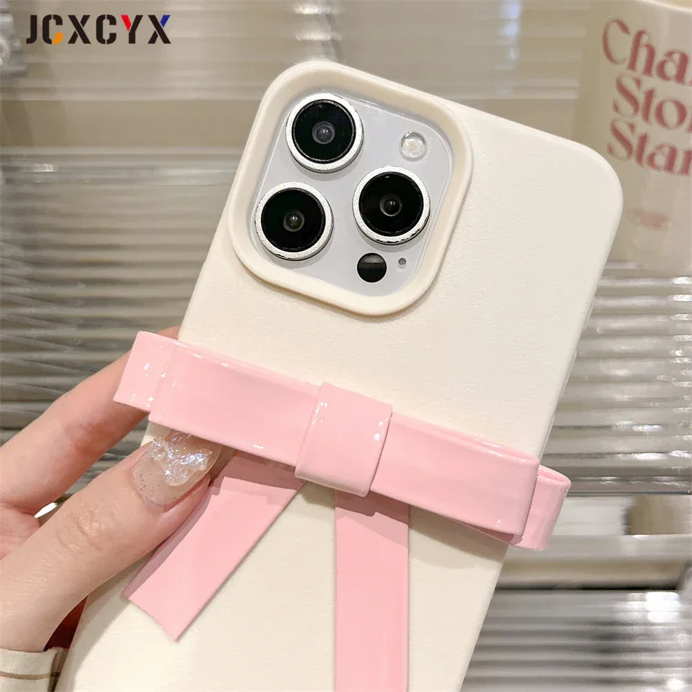 Korean Cute 3D Bowknot Lychee Leather Pattern TPU Phone Case For iphone 16 15 14 13 12 11 Pro Max 14 15 16 Plus Kawaii Cover