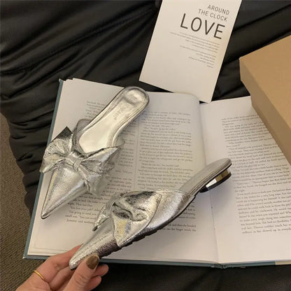 New Bowtie Mule Shoes Women Fashion Pointed Toe Stripe Wave Slip-on Sandals Ladies Luxury Satin Silk Outdoor Flat Slippers