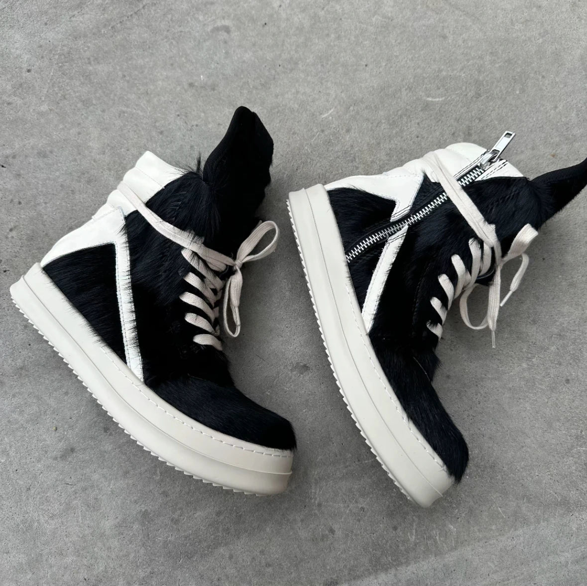 Ro Casual Shoes Men High Top Shoe Black Horse Hair Women Sneaker Black Horsehair Ankle Boot White Leather Boots Flat Sneakers