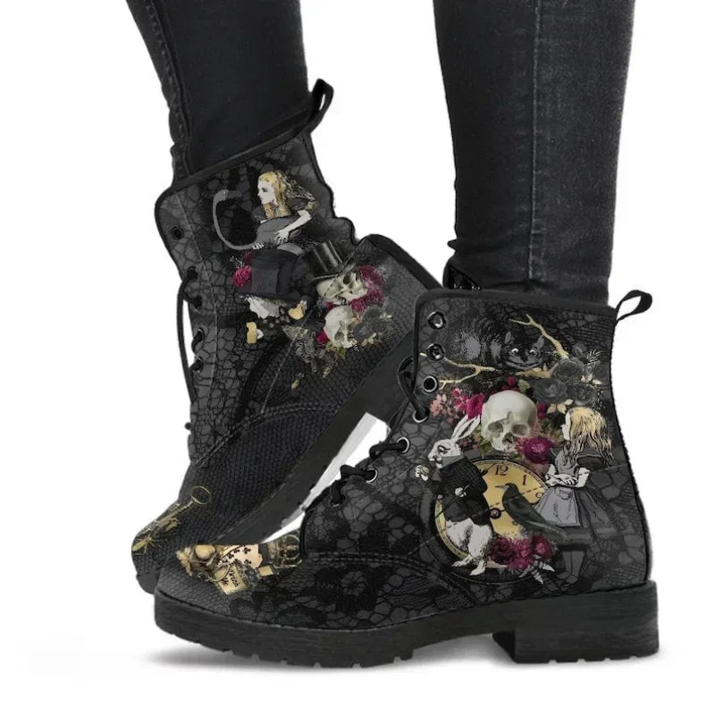 2022 Skull Flower Print High-Top Sneakers Women Boot Autumn Winter Fashion Woman Ankle Boots Adult Botas Mujer Plus Size 43
