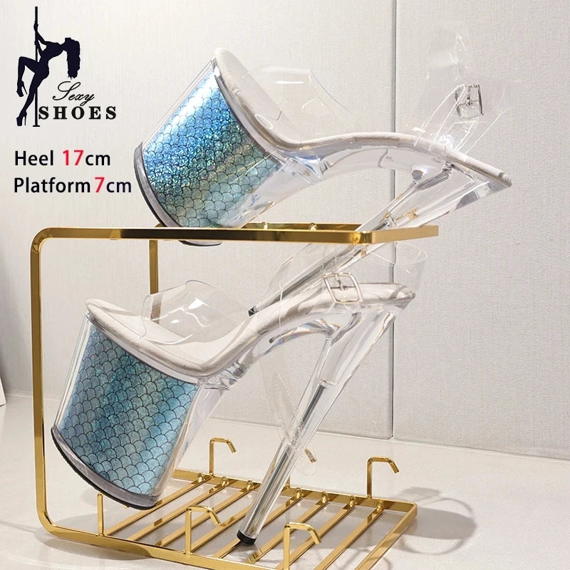 New Pattern Superior Quality Super High Heel Ladies Shoes High Heel Ladies Shoes 17CM/7inches Crystal Thin Heels Sandals Wedding