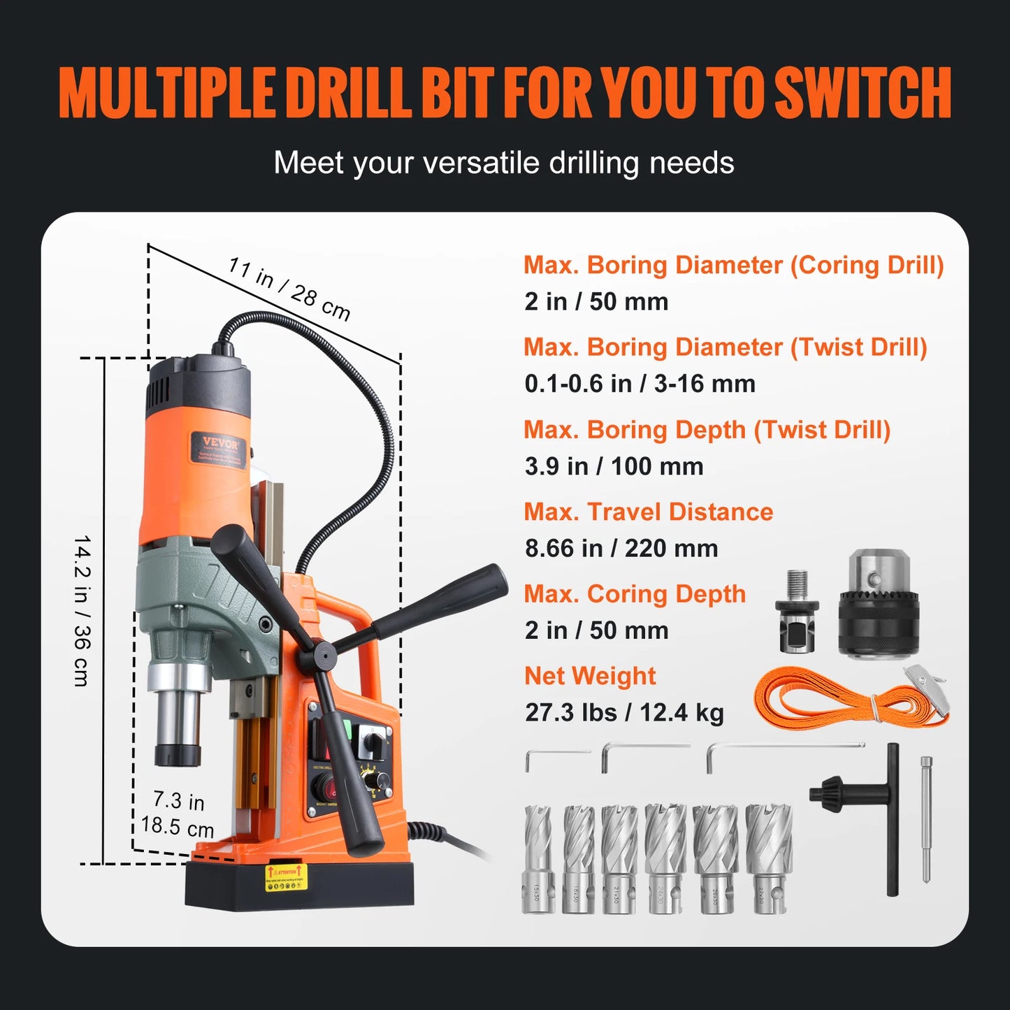 SucceBuy 1450W Magnetic Drill 2"Boring Diameter 12500/12800N Portable Electric Mag Drill Press 800 RPM Magnetic Drilling Machine