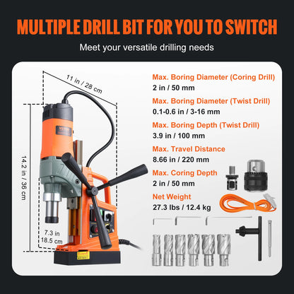SucceBuy 1450W Magnetic Drill 2"Boring Diameter 12500/12800N Portable Electric Mag Drill Press 800 RPM Magnetic Drilling Machine