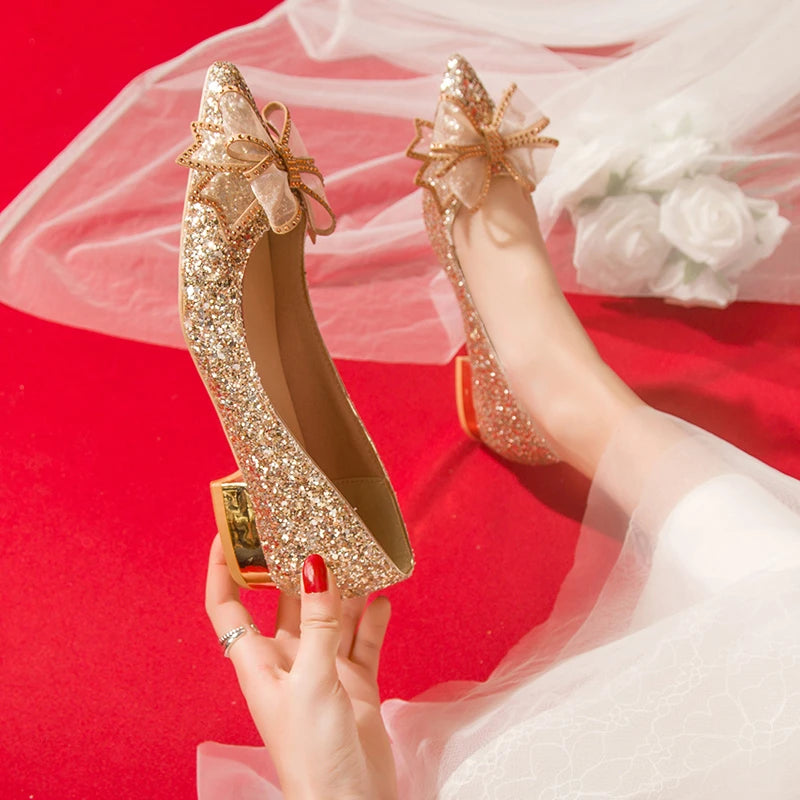 Crystal Butterfly-knot Flat Wedding Shoes Slip  Shoes Women Shiny Gold Silver Bridal Shoes Beaded  Flat Heels Med (3cm-5cm)
