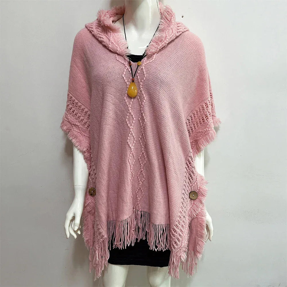 Women Knitted Cape Shawl Wrap Cloak Ethnic Hooded Poncho Hoody Jumper Sweater Tassels Dropshipping