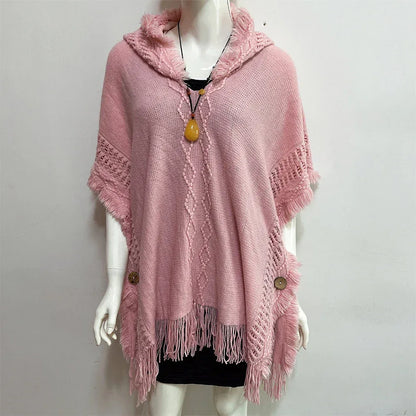 Women Knitted Cape Shawl Wrap Cloak Ethnic Hooded Poncho Hoody Jumper Sweater Tassels Dropshipping