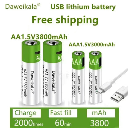 Daweikala rechargeable lithium battery, toy flashlight, MP3 player, 1.5V, AA, 3800mAh/AAA, 3000mAh