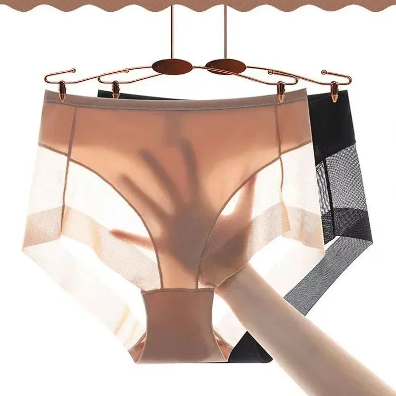 Ice Silk Women Underwear Panties Transparent Mesh Gauze Corset Waist Slimming Black Briefs Female Trainer Shaping Underpants2024