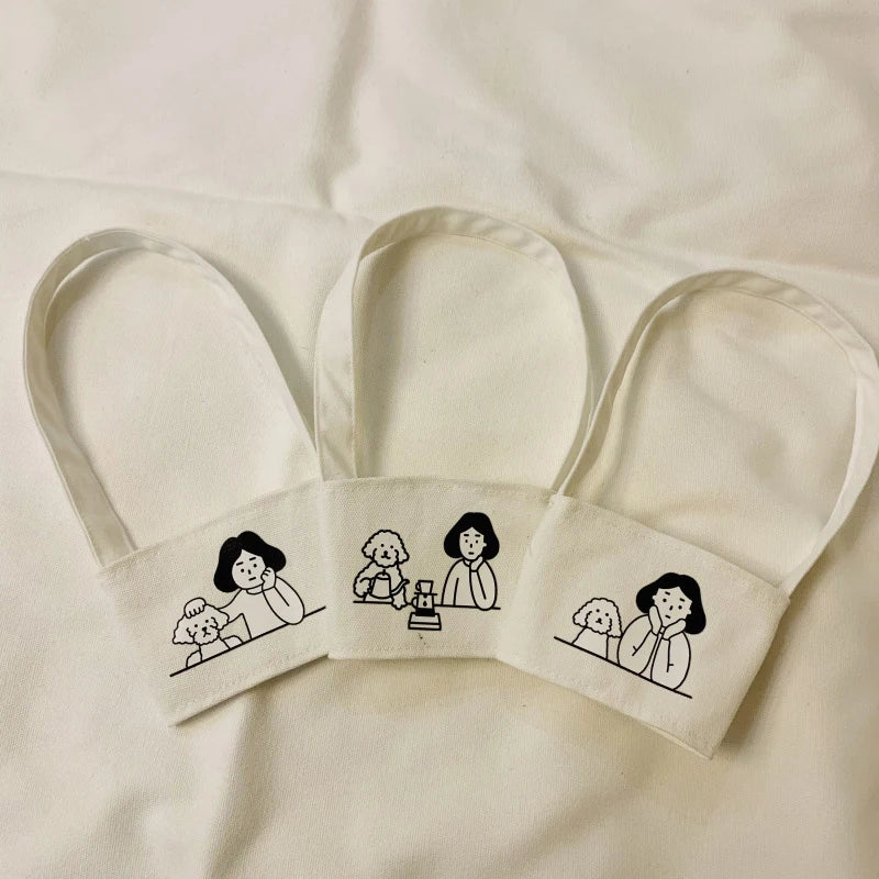 【Portable Water Bottle Holder Carry Bag Coffee Cup Storage Sleeve Cover Canvas Printing Milk Tea Set Drinking Bottle Strap】