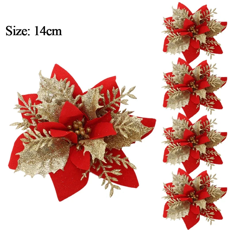 10/1Pc Christmas Glitter Artificial Flowers DIY Christmas Tree Hanging Ornaments Fake Flower For Xmas New Year Party Decor Gifts
