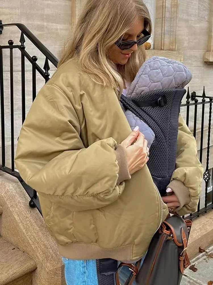 Retro Solid Zipper Cotton Jackets Women Casual Loose Bomber Jacket With Oblique Pockets Female Y2k Autumn Chic Street Outwear
