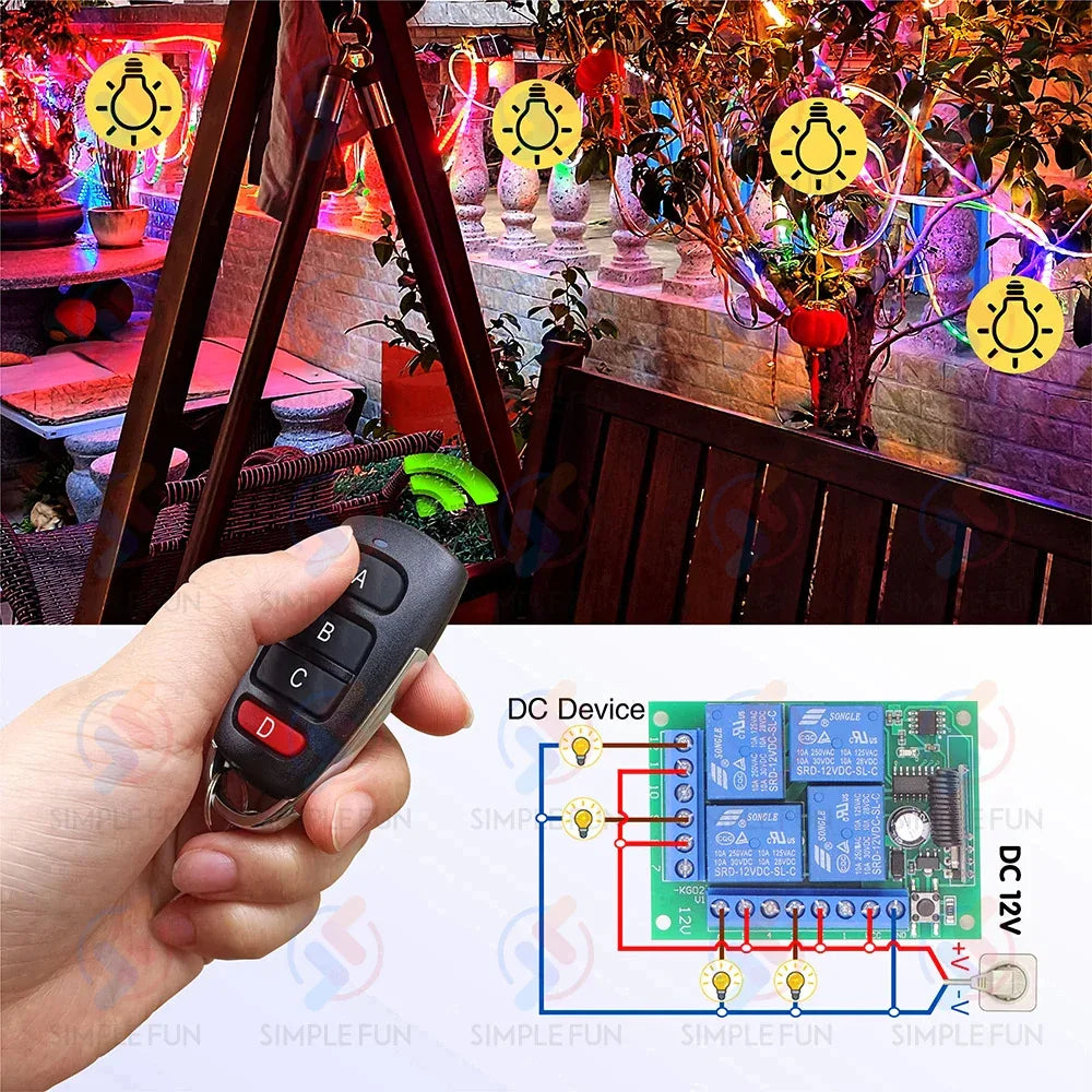 433Mhz Universal Wireless Remote Control Light Switch DC 12V 4CH RF Relay Receiver 60m Range for Light/Garage Door/LED DIY