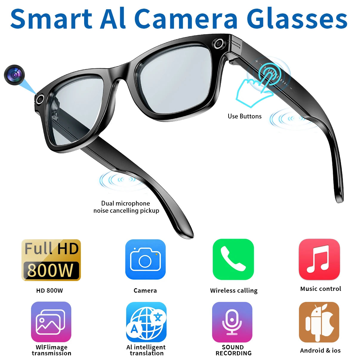 Lunettes intelligentes IA avec caméra 8 MP, enregistrement vidéo, traduction, appels Bluetooth et lecture de musique. Modèle unisexe.