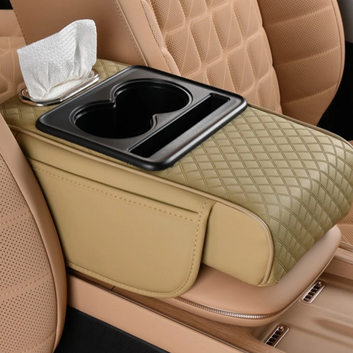 Car Armrest Box Heightening Cushion With Cup Holder Tissue Box Side Storage Pocket For Auto Interior Arm Rest Cover Height Pad